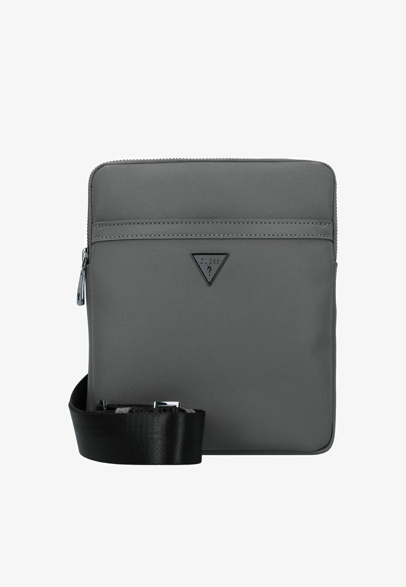 Gray synthetic crossbody bag with a smooth texture, zip closure, and front pocket. Features a black strap and a logoed triangular accent.