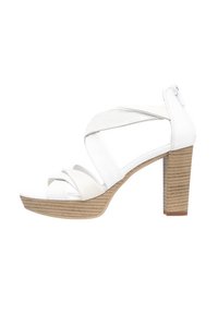 Sandale blanche à talons hauts avec design à lanières croisées, en cuir, talon bloc texturé beige et fermeture éclair à l'arrière.