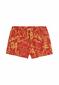 Czerwone kąpielówki z intensywnym żółtym wzorem w stylu graffiti z tekstem. Elastyczny pas z sznurkiem do regulacji dopasowania.