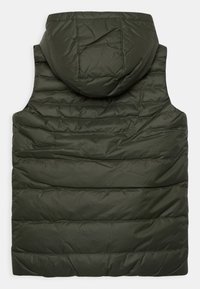 Dark green sleeveless padded vest with attached hood, quilted horizontal stitching, shown from the back on a white background.
