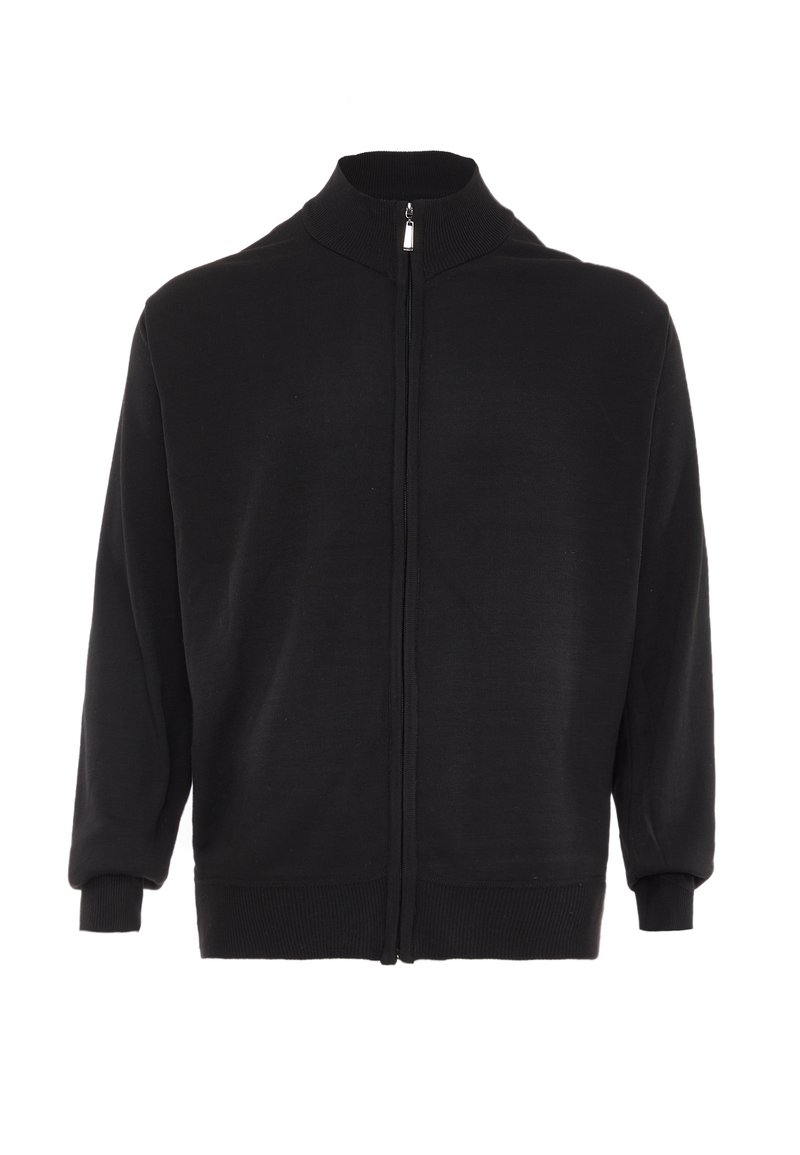 Zwarte zip-up jas met een hoge kraag, ribbelmanchetten en onderzoom. Gemaakt van een gladde, middelzware stof met een eenvoudig ontwerp.