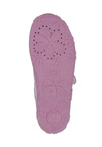Rosa Gummisohle mit floralen Mustern und Belüftungslöchern, mit der Größenangabe 28 auf der Oberfläche geprägt.