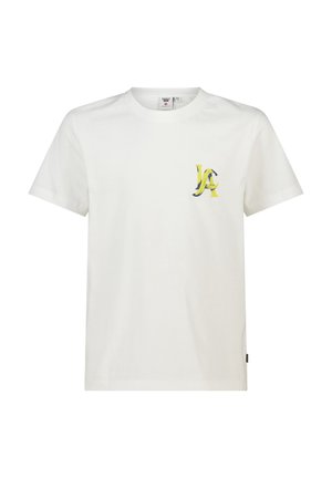 Wit T-shirt met korte mouwen en ronde hals, met een klein geel en marineblauw "LA"-logo op de linkerborst.
