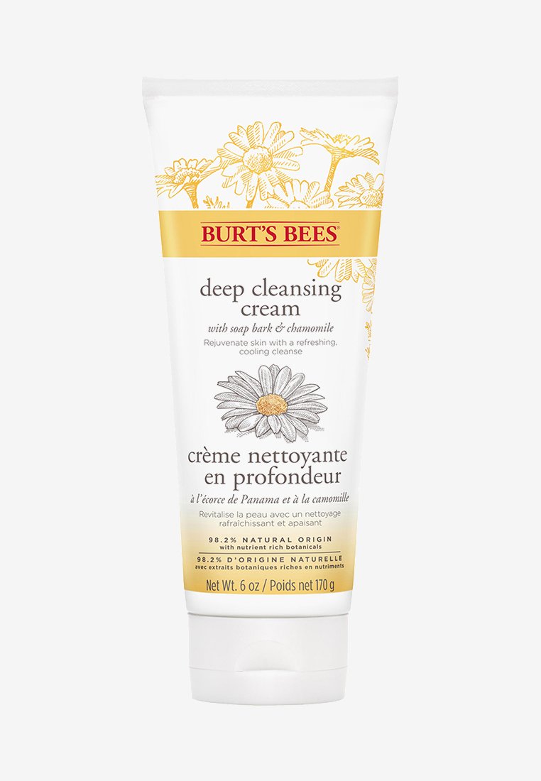 Burt's Bees diepe reinigingscrème in een tube van 170 g, wit met gele accenten, voorzien van botanische illustraties en tweetalige tekst.