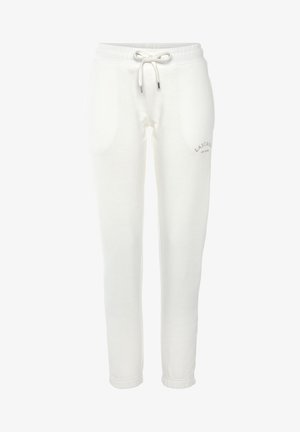 Witte sweatpants met elastische tailleband, trekkoord en zijzakken. Zacht materiaal met een lichte glans en "LASCANA" gedrukt op de zijkant.