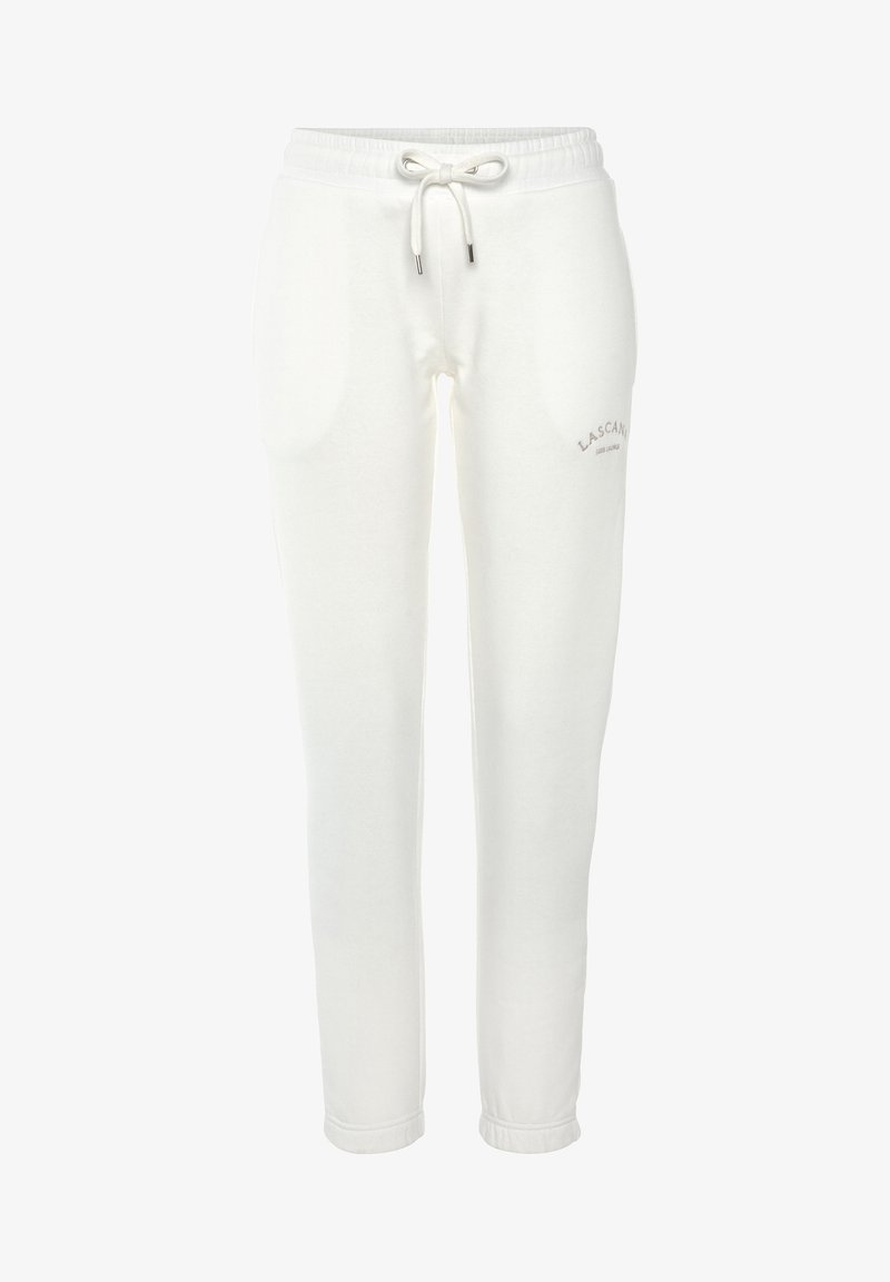 Weiße Jogginghose mit elastischem Bund, Kordelzug und seitlichen Taschen. Weiches Material mit einem leichten Glanz und "LASCANA"-Druck an der Seite.