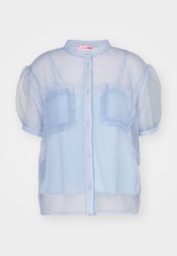 Light blue, sheer button-up shirt with puffed short sleeves, lace trim on pockets, and a textured finish. Rounded collar and front buttons.