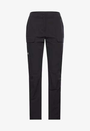 Pantaloni outdoor neri a taglio slim con tasche con patta frontale e piccolo logo sulla coscia sinistra superiore.