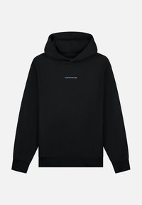 Zwarte hoodie van katoen, met een trekkoordcapuchon, geribde manchetten en een klein blauw logo "TOMORROWLAND" op de borst.