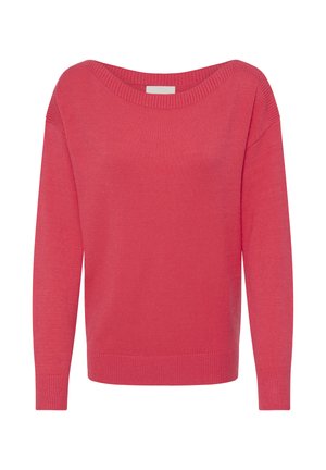 Pulover roz deschis cu decolteu larg, mâneci lungi, manșete plisate și textură fină. Design simplu, fără modele sau accente vizibile.