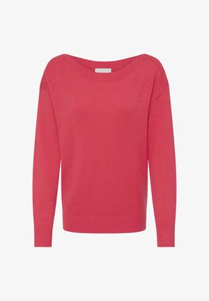 Világos rózsaszín pulóver széles nyakkivágással, hosszú ujjakkal, bordázott mandzsettával és sima textúrával. Egyszerű kialakítás, nincs látható minta vagy díszítés.