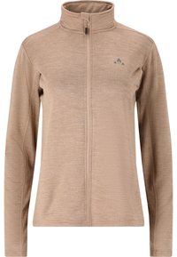 Beige letvægtsjakke med høj krave, lange ærmer og lynlås foran. Tekstureret stof med et subtilt mønster og logo-detalje.