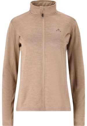 Beige lättviktsjacka med hög krage, långa ärmar och dragkedja fram. Texturerad tyg med ett subtilt mönster och logodetalj.