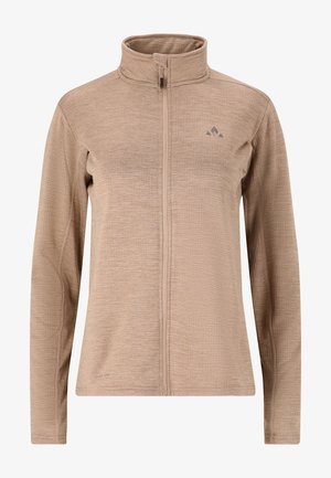 Beige, leichte Jacke mit hohem Kragen, langen Ärmeln und einem Frontreißverschluss. Strukturiertes Gewebe mit einem dezenten Muster und Logodetail.
