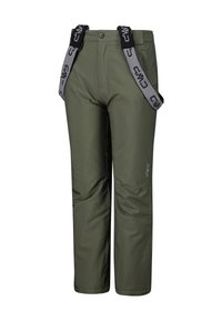 Gröna vattentäta byxor med justerbara grå hängslen, med en slät textur, rak passform och en logotypdetalj på sidan.