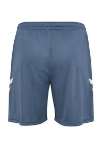Shorts de sport bleus avec ceinture élastique et bandes blanches inclinées sur les côtés, vus de dos sur un fond blanc.