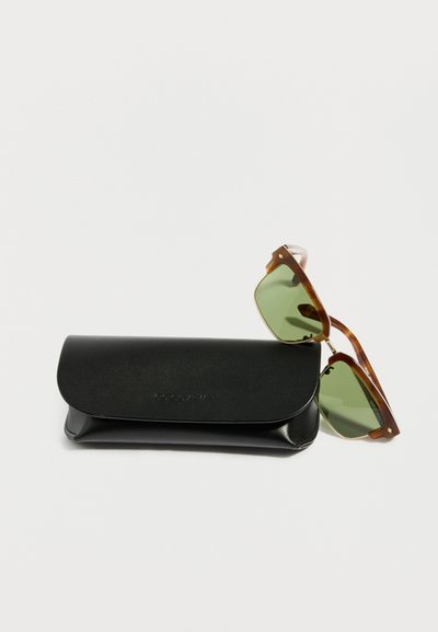 Pruun kilpkonnamustriga päikeseprillid roheliste läätsedega, mis on asetatud kinnitatud musta nahast prillikohvri peale valgel taustal.