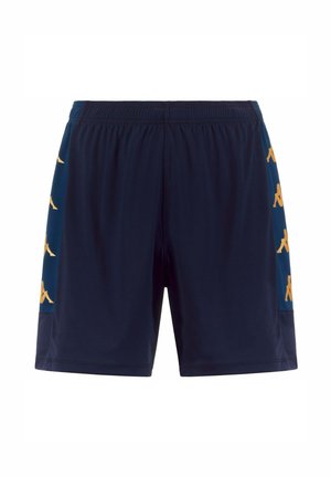 Pantaloncini sportivi blu navy con vita elasticizzata e pannelli laterali con motivi ripetuti di logo giallo seduto.