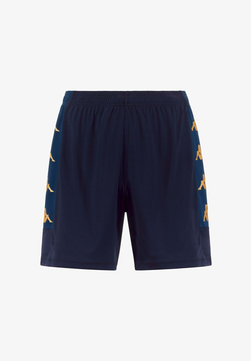 Shorts de sport bleu marine avec taille élastique et panneaux latéraux arborant des motifs répétitifs de logos jaunes assis.