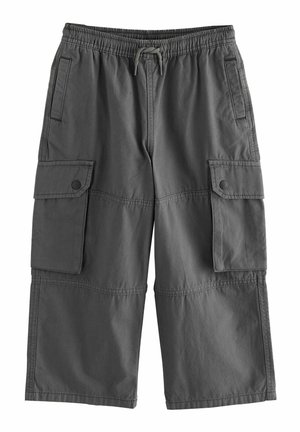 Grijze cargoshorts van lichtgewicht stof, met een elastische tailleband, een koord en meerdere zakken met knoopsluitingen.