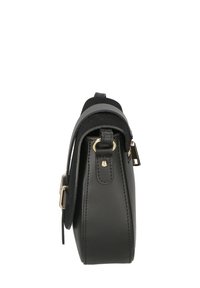 Borsa a mano in pelle nera con forma strutturata, dotata di una fascia di accentuazione grigia, accessori dorati e tracolla staccabile. Vista laterale.