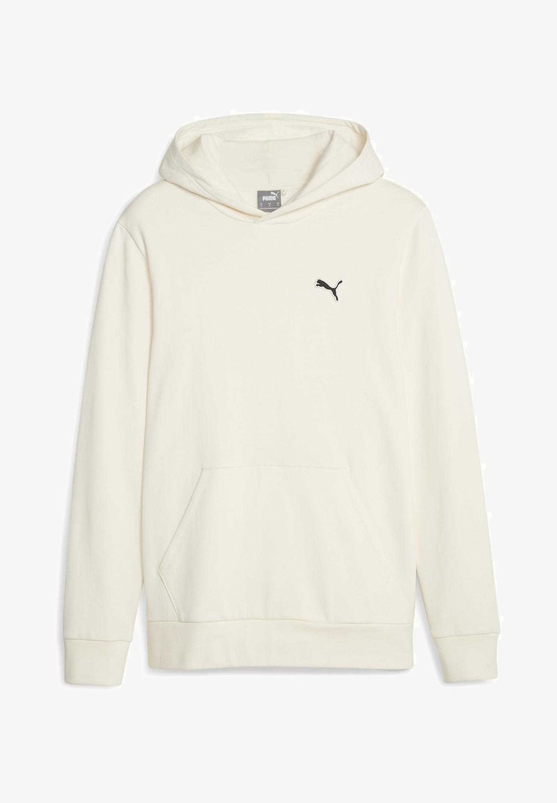 Crème hoodie met een voorzak en een zwart Puma-logo op de linkerborst. Gemaakt van zachte, gestructureerde stof met een capuchon met trekkoord.