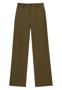 Olijfgroene rechte broek met een knoop- en ritssluiting, riemlussen en persplooien langs de benen.