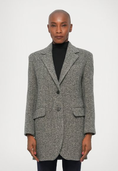 Gray herringbone blazer made from textured fabric, featuring a notched collar, two front pockets, and a single button closure.