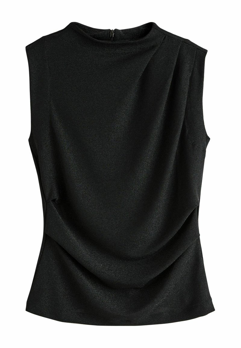 Fekete ujjatlan felső magas nyakkivágással, fényes anyagból készült, drapériás részletekkel és hátul cipzáros záródással.
