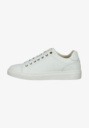 White leather sneaker with smooth texture, rounded toe, flat laces, contrasting gold eyelets, and a ridged rubber sole. Minimalistic design.