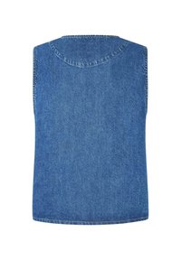 Vue arrière d'un gilet sans manches en denim bleu uni, avec des coutures visibles autour des bords et de l'encolure.
