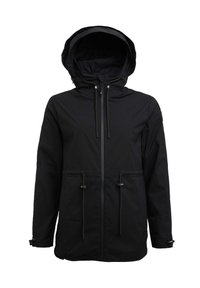 Giacca nera impermeabile con cappuccio, vita regolabile con cordino e chiusura con zip. Presenta maniche lunghe e una texture liscia.