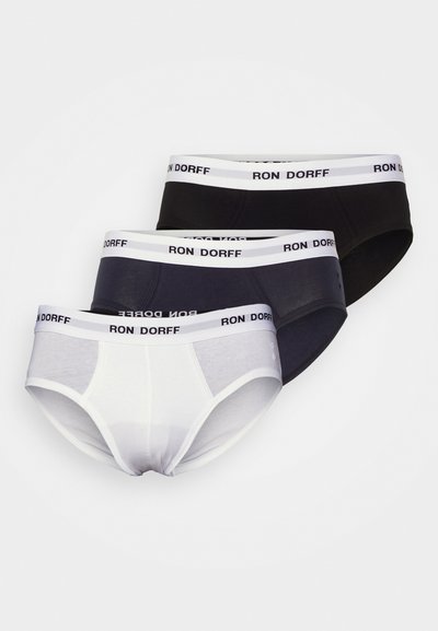 Három pár férfi alsónadrág fehér, sötétszürke és fekete színben. Mindegyiken széles, elasztikus derékpánt található, amelyen fekete betűkkel a "RON DORFF" felirat olvasható a fehér alapon.