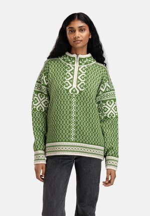 Ung kvinne med langt mørkt hår iført en grønn og hvit mønstret strikkegenser med frontglidelås og mørkegrå bukser.