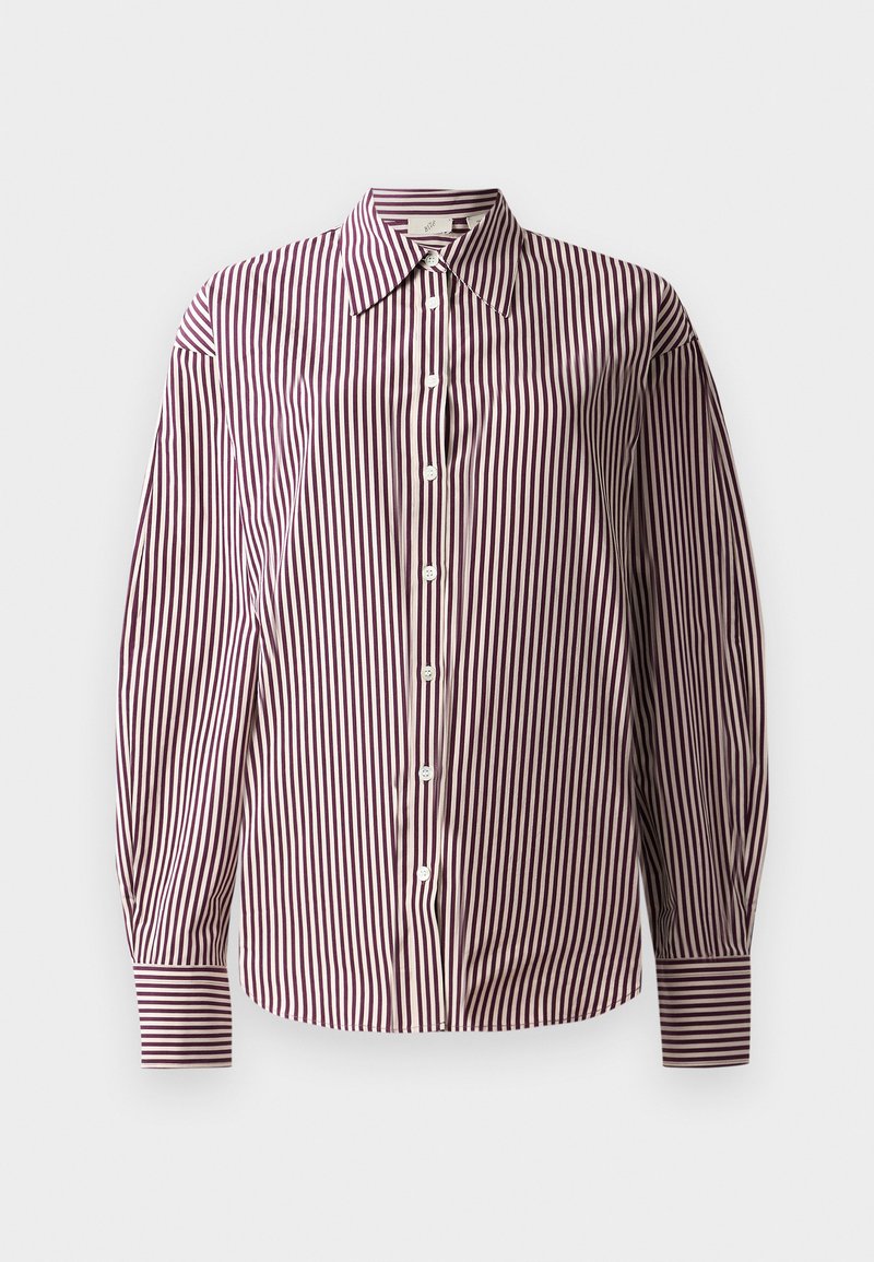Camicia a maniche lunghe con bottoni, caratterizzata da un motivo a righe verticali marrone e bianche, con colletto classico e maniche con polsini.