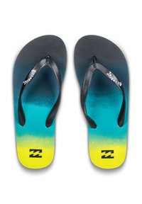 Sorte flip-flops med stropper og et gradientdesign i blå og gul. Teksturér overflade, logo på sålen og en klassisk tanga-stil.