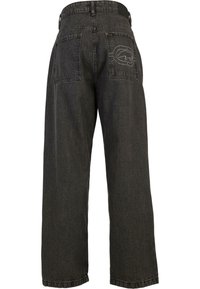 Bredde ben svarte denim jeans med en lett falmet struktur, med to baklommer og en fremtredende logo søm.