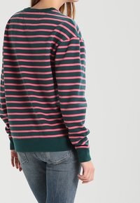 Sudadera a rayas verdes y rosas con un corte relajado, puños y dobladillo acanalados, y un cuello redondo, material de algodón texturizado.