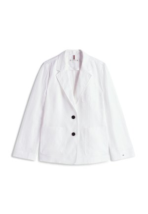 Blazer bianco in lino con rever a punta, due bottoni neri e due tasche frontali a toppa. Completato con un logo sottile sulla manica.