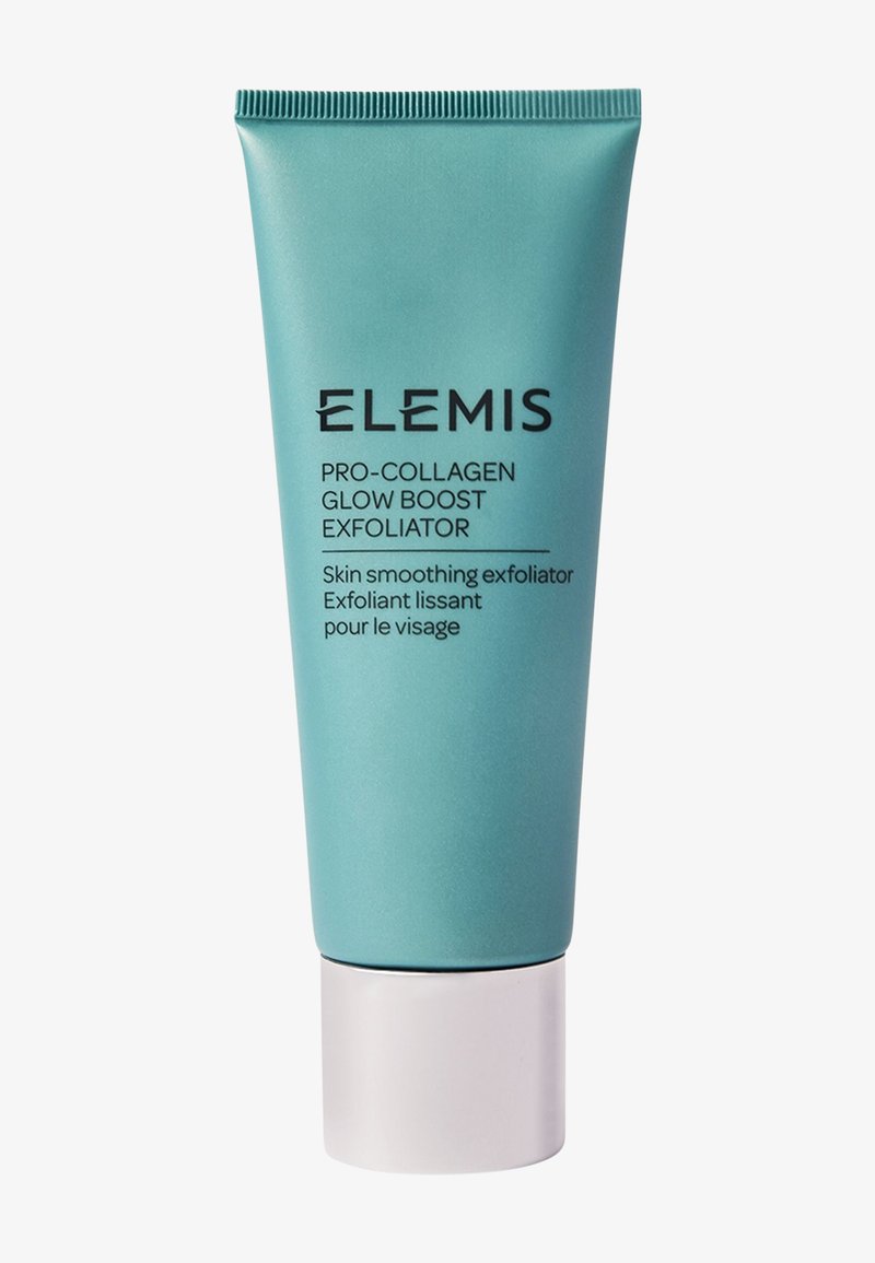 Tubetto di Elemis Pro-Collagen Glow Boost Exfoliator con corpo blu-verde e tappo bianco per un’esfoliazione levigante della pelle.