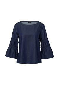 Dunkelbluse aus Denim mit Rundhalsausschnitt, ausladenden Ärmeln und gerafften Akzenten. Glatte Textur und lockere Passform.