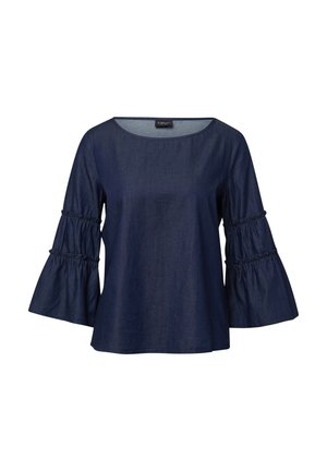Haut en denim foncé avec un col rond, des manches évasées et des accents froncés. Texture lisse et coupe ample.