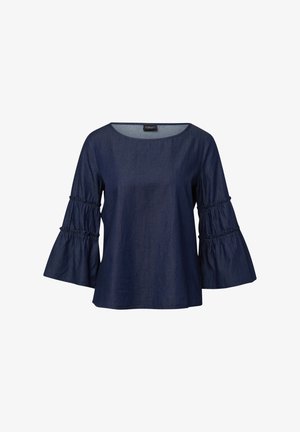 Czarna dżinsowa bluzka z okrągłym dekoltem, zwiewnymi rękawami i marszczonymi akcentami. Gładka struktura i luźny krój.