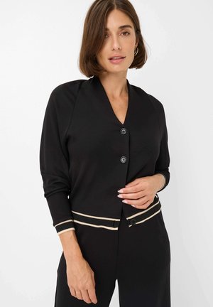Schwarzer, langärmeliger Cardigan mit V-Ausschnitt, drei Knöpfen vorne und kontrastierenden cremefarbenen Streifenakzenten an den Bündchen und am Saum.