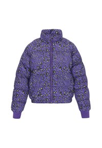 Fialová péřová bunda s leopardím potiskem v černé a limetkově zelené barvě, s vysokým límcem, zipem a žebrovanými manžetami.