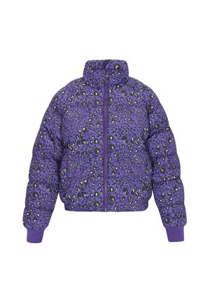 Giacca a vento viola con motivo leopardato in nero e verde lime, caratterizzata da un colletto alto, chiusura con zip e polsini a coste.