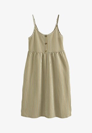 Triibuline midi kleit beeži ja kreemika värviga. Õhukesed rihmad, nööpdetailid ja kogutud vöökoht, mis tagab mugava istuvuse. Kerge kangas, millel on vertikaalsed jooned.