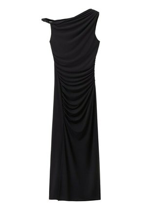 Vestido midi negro de un solo hombro con fruncido recogido a lo largo del lateral y escote drapeado.