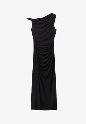 Robe midi noire à une épaule avec fronces rassemblées sur le côté et encolure drapée.