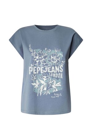 Modrá bavlnená tričko s krátkymi rukávmi, s bielou kvetinovou potlačou a textom "Pepe Jeans London" na prednej strane. Jednoduchý, voľný strih.